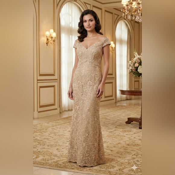 Ivonne D Dresses & Skirts - Ivonne D For Mon Cheri Champagne Lace Cap Sleeve Gown